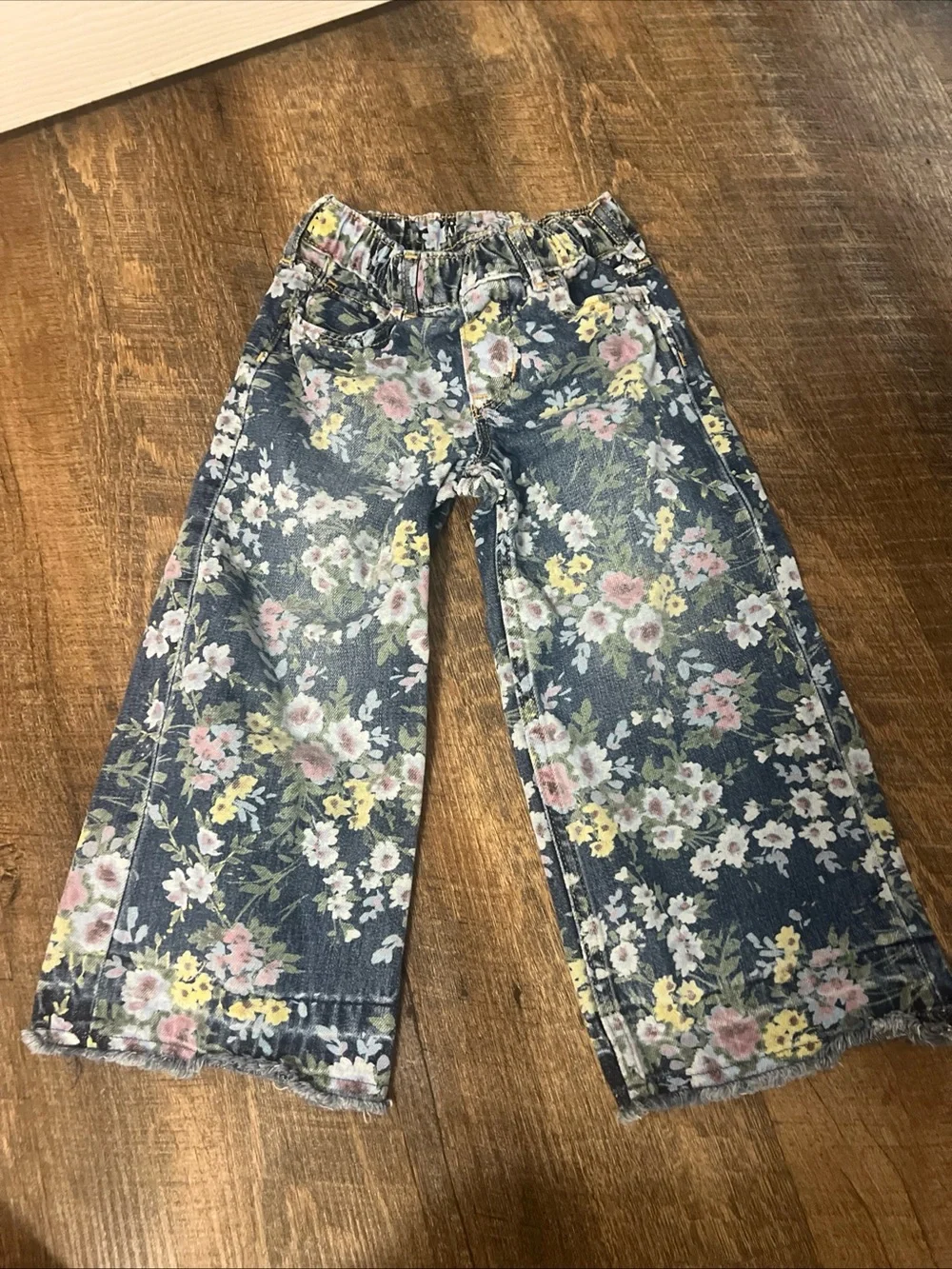 GAP Girls Floral Wide-Leg Denim Pants - Blue with Pink & Yellow Flowers